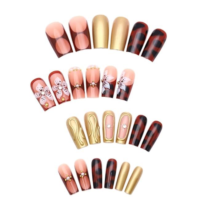 Long Press on Nails Square Fake Nails French Tip False Nails with Flowers Designs Artificial Nails Brown Stick on Nails for Women 24pcs