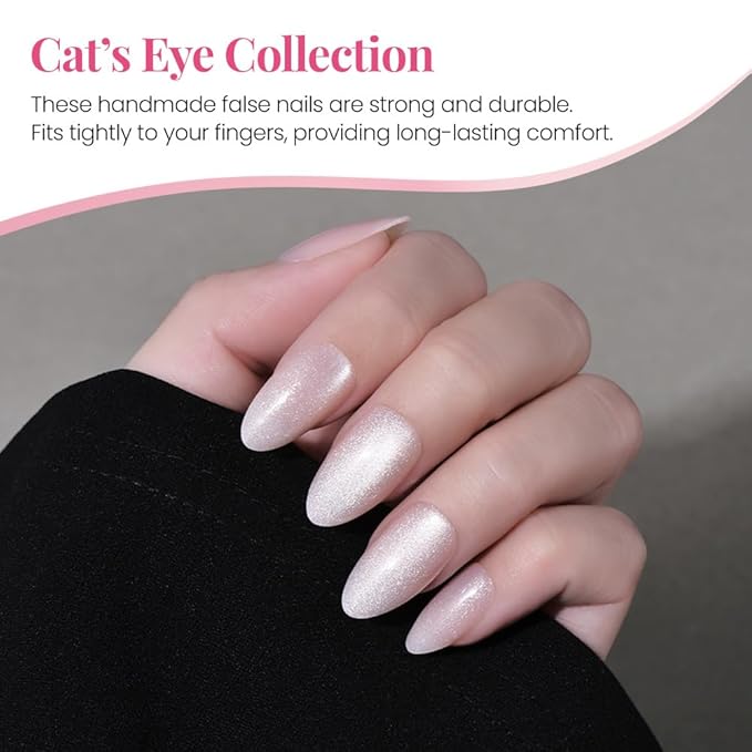 evpct Cat Eye Press on Nails Almond Short, Cat Eye Stick on Nails Press on, Nude Pink Glitter Short Almond Press Glue on Nails, Fake Nails Press ons with glue, 30Pcs Reusable Acrylic Fake Nails Kit