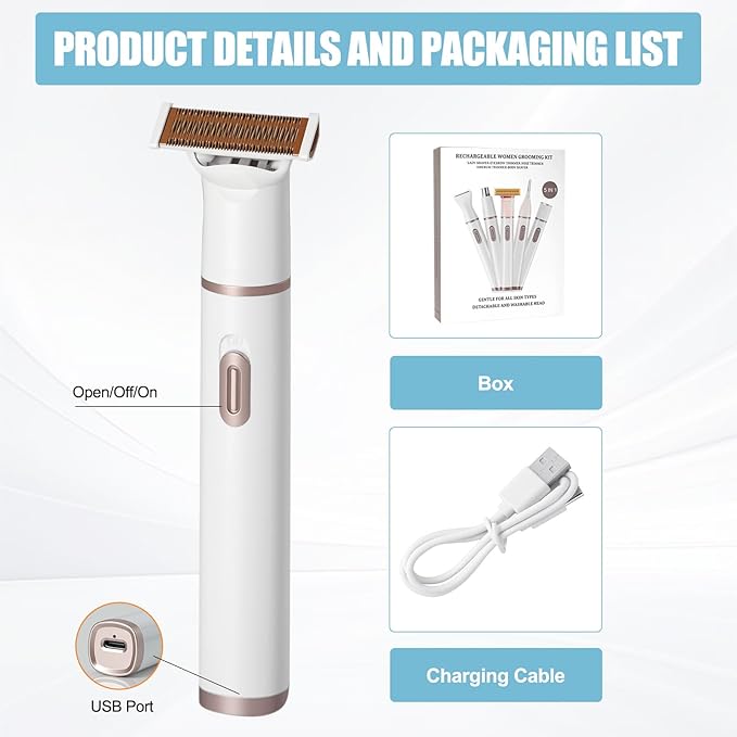 Women Face Epilator, 5 in 1 Epilator Hair Removal for Women, Electric Rechargeable Facial Hair Divice for Face,Lip,Chin with 5 x Replacement Heads, Nose Trimmer for All Skin Types