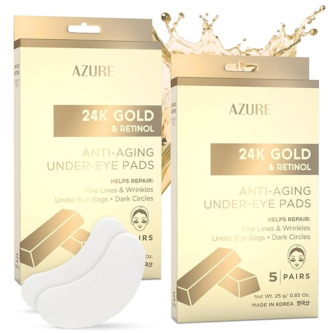 Azure Cosmetics 24K Gold & Retinol Anti Aging Under Eye Patches - Nourishing, Smoothing Hydrating Eye Mask - Reduces Fine Lines, Wrinkles, Dark Circles & Puffiness - Made in Korea - 5 Pairs