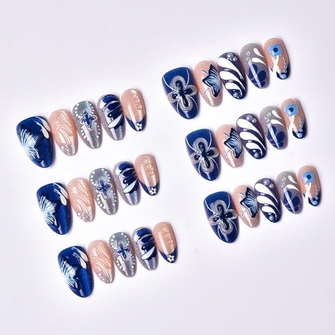 Long Almond Shape Press on Nails Blue Floral Fake Nails Stick on Nail for Women 24pcs