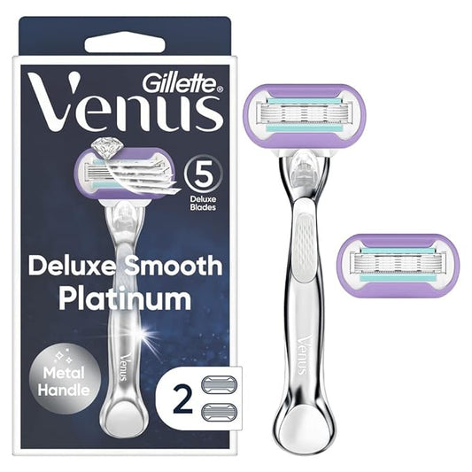 Gillette Venus Deluxe Smooth Platinum Razors for Women, 1 Venus Razor, 2 Razor Blade Refills, Metal Handle with Anti-Slip Grip