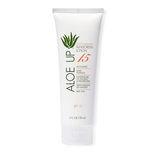 Aloe Up White Collection Sunscreen Lotion SPF 15 - Broad Spectrum UVA/UVB Sunblock for Face and Body - With Aloe Vera Gel - Alcohol-Free - Reef-Friendly - Coco-Mango Fragrance - 4 Oz