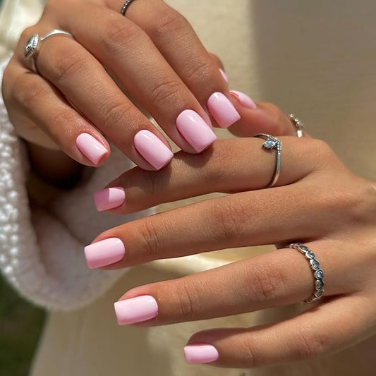 48pcs Pink Press On Nails - Short, Square, Gel, Acrylic, Natural, Handmade Thick Extra Short Nails
