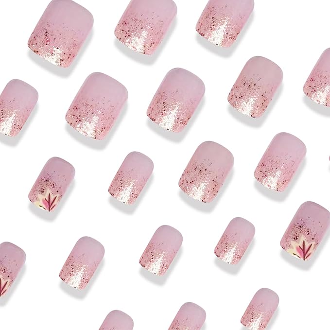 Thanksgiving Short Square False Nails Maple Leaf Press on Nails 24Pcs Fall Leaves Stick on Fingernails Glossy Gold Glitter Acrylic Fake Nail Autumn Gel Glue on Nail for Coquette Women