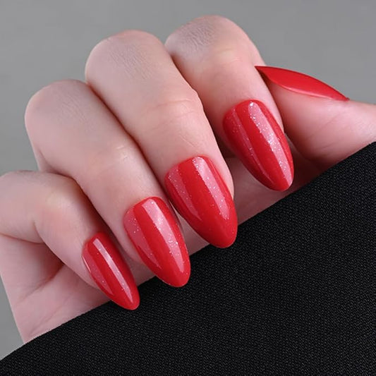 evpct Press on Nails Almond Short, Ruby Red Glitter Shimmer Shiny Short Almond Fake Nails for Women Gift, Soft Gel Press Glue On Nails with Nail Glue, 30Pcs Reusable Acrylic Fake Nail Manicure Kit