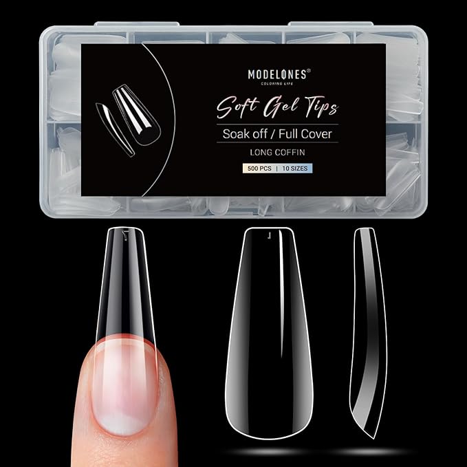 Modelones Long Coffin Nail Tips - 500Pcs Fake Nails Gel Clear Soft Acrylic Press on Pre-shape Full Cover Gel Extension Home DIY Salon Art Design 10 Sizes