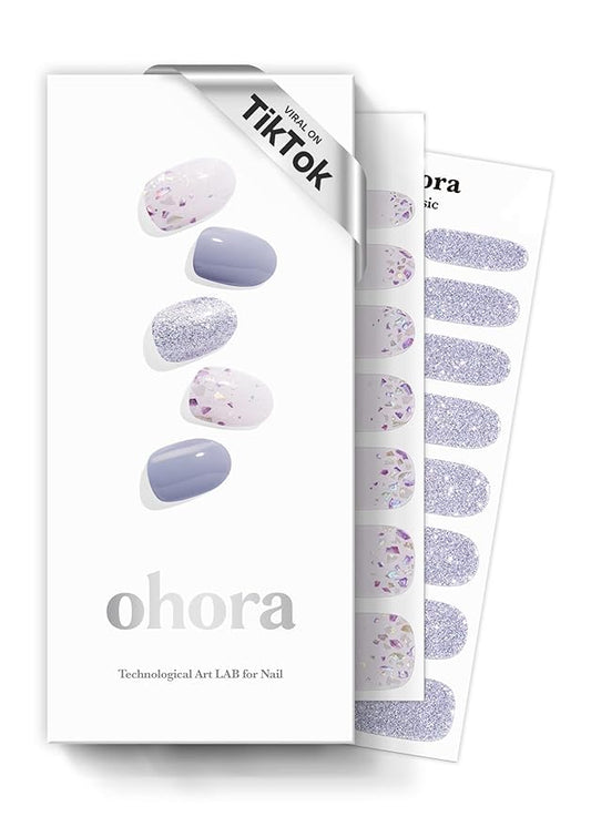 ohora Semi Cured Gel Nail Strips (N Afterglow) - Blue, Glitter, Works with Any UV/LED Lamps, Salon-Quality, Long Lasting, Easy to Apply & Remove - Includes 2 Prep Pads, Nail File & Wooden Stick