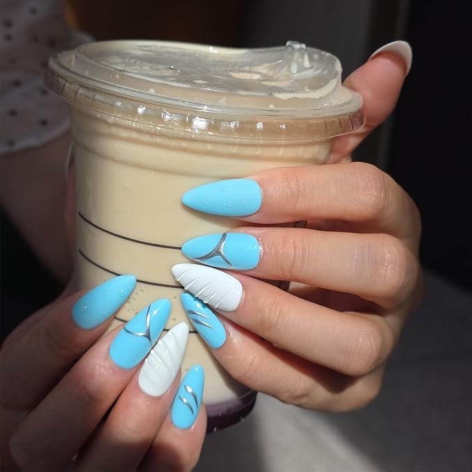 Blue White 3D Press On Nails Medium Almond, 3D Shell Mermaid Raindrop Handmade Gel Acrylic Nails 10pcs with Hand Drawn Silver Lines (Mermaid Tears, Size M)