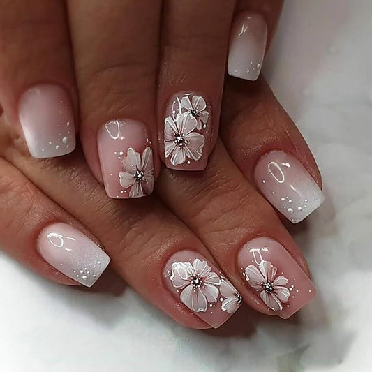 Flower Press on Nails Short Square Fake Nails Nude Pink with Cherry Floral Design Short Coffin False Nail Glitter Stick on Nails Summer Artificial Acrylic Glue on Nail for Women DIY Salon Nail Art
