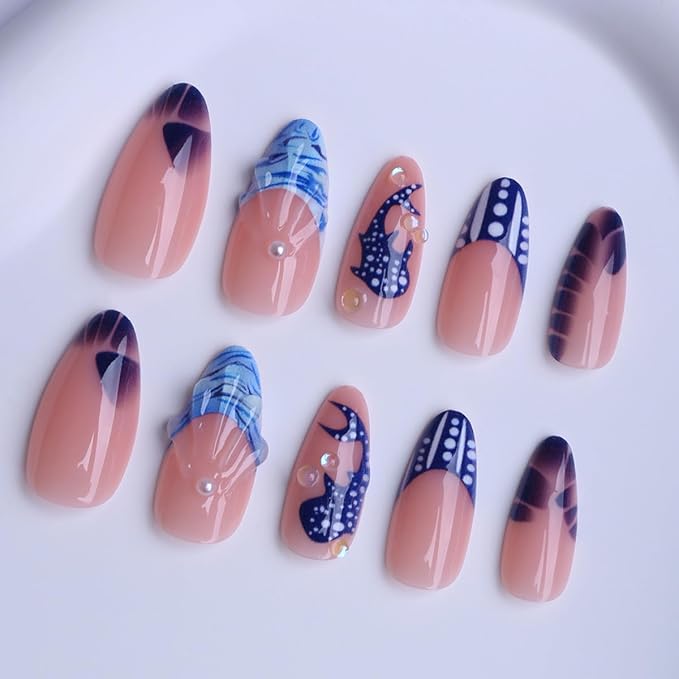 24Pcs Blue French Tip Press on Nails Medium Almond Fake Nails Blue Whale False Nails with 3D Ripple Pearl Glitter Design Full Cover Artificial Glue on Nails Summer Hawaii Stick on Nail for Women DIY