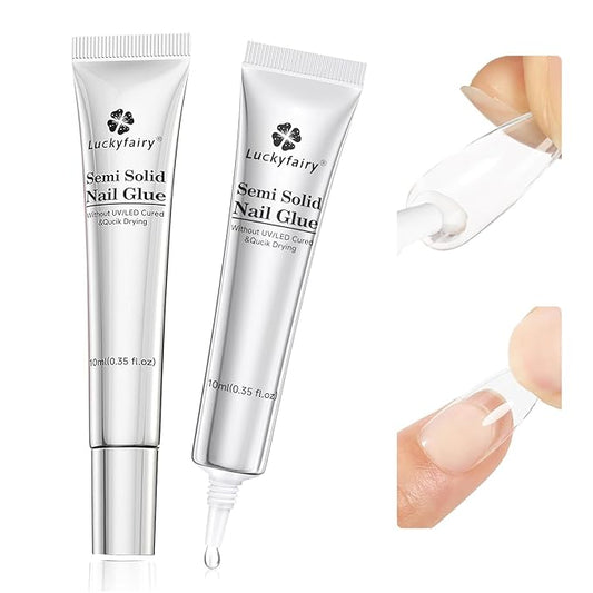 Super Strong Solid Nail Glue Gel for Press On Nails Tips, No Lamp Needed Semi Gel Nail Glue 10g (2pcs) Quick Drying Adhesive Long Lasting Fake Acrylic Nails Kit