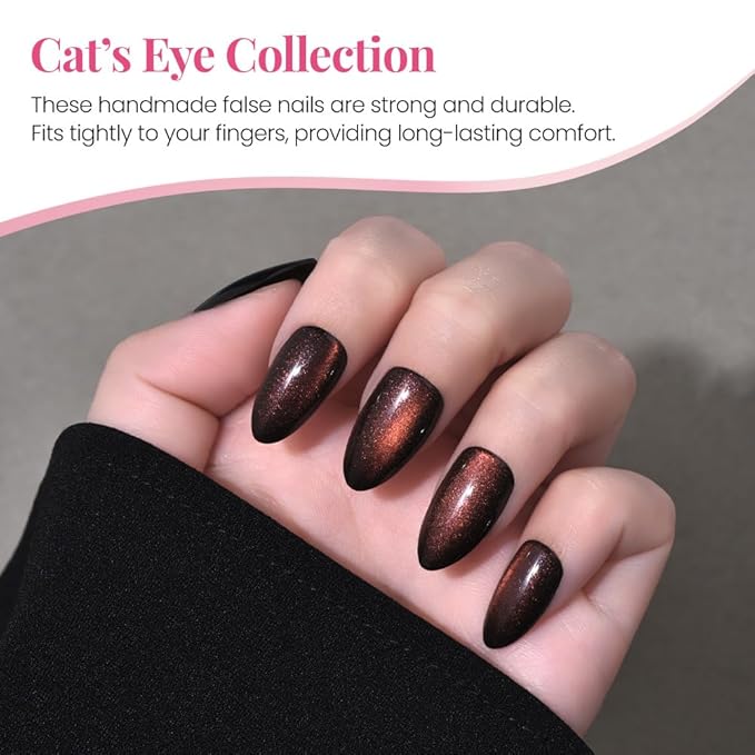 Cat Eye Dark Red Press On Nails Short Almond 30 Pcs, Designer Reusable Acrylic Fake Nails with Glue, Glossy Soft Gel Nails Wedding and Party, Stick On Glue On Nails, Nails fro Women Gift