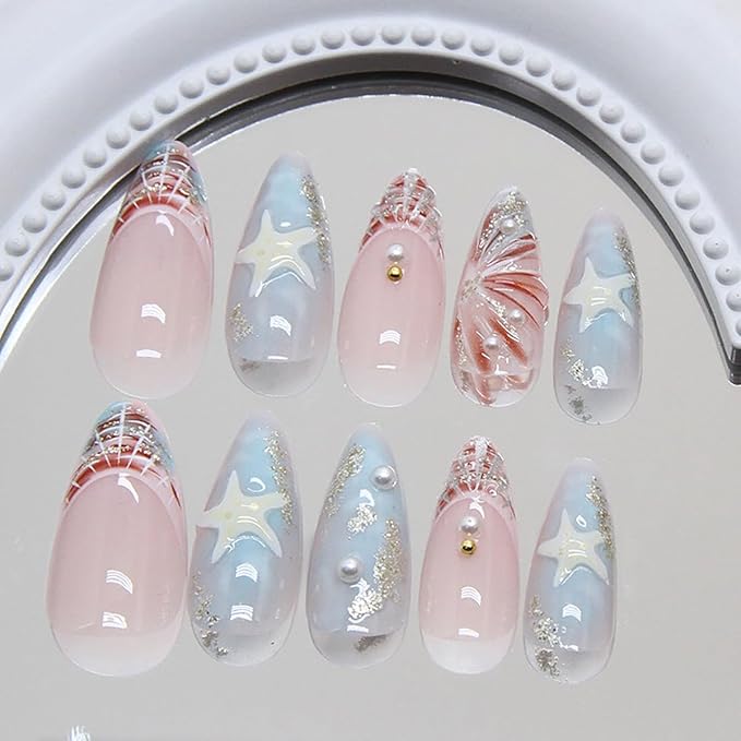 24Pcs Medium Almond Press on Nails Blue French Tip Fake Nails 3D Gold Starfish Shell Press ons with Pearl Glitter Glue on Nails Summer Beach False Nails Cute Stick on Nails for Women Girl Acrylic Nail