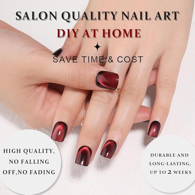 evpct Wine Red Cat Eye Extra Short Press on Nails Square, Petite Short Square Glue on Nails for Women Gift, Black Wine Red Metallic Glitter Glossy Reusable Gel Press on Acrylic Fake Nail with Designs