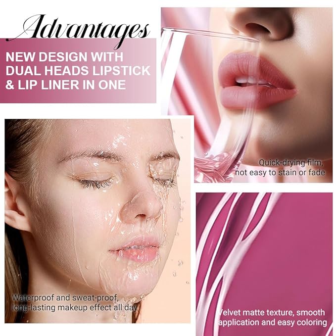 evpct 1Pcs Rose Matte Lip Liner and Liquid Lipstick Stain Makeup Set for Women, Rose Red Plum Long Lasting Smudge Proof Lipstick, 37#