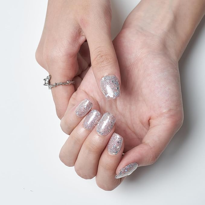GLAMERMAID Press on Nails Extra Short Square, Spring Summer Handmade Glitter Silver Gel Glue on Nails, Glossy Fake Nails Reusable Acrylic False Nails Manicure Kits for Women