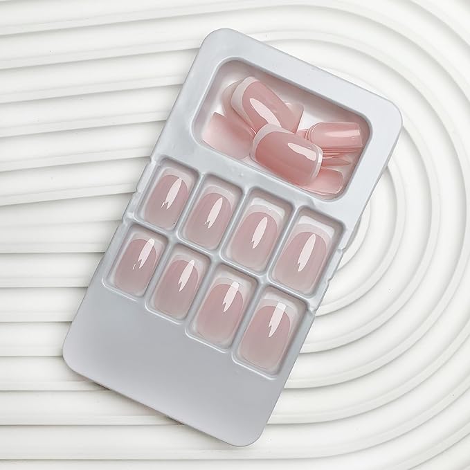 French Tip Press on Nails Short Square Fake Nails Glossy Nude Acrylic Nails with Design Nature False Nails Glue on Nails for Women Girls Nails Kit 24 Pcs, Style 26