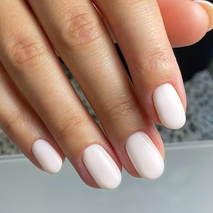 modelones Short Press on Nails, Oval Fake Nails Kit Press Ons with Nail Glue, Adhesive Tabs, Nail File, Prep Pad, Manicure Stick, 32Pcs 16 Sizes, Elegant White, Christmas