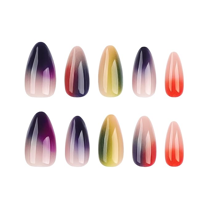 24Pcs Colorful Press on Nails Medium Almond Fake Nails Rainbow Smudge Stitching Acrylic Nails False Nails Mix-Color Ombre Full Cover Glue on Nails Sweet Summer Stick on Nails for Women Decor