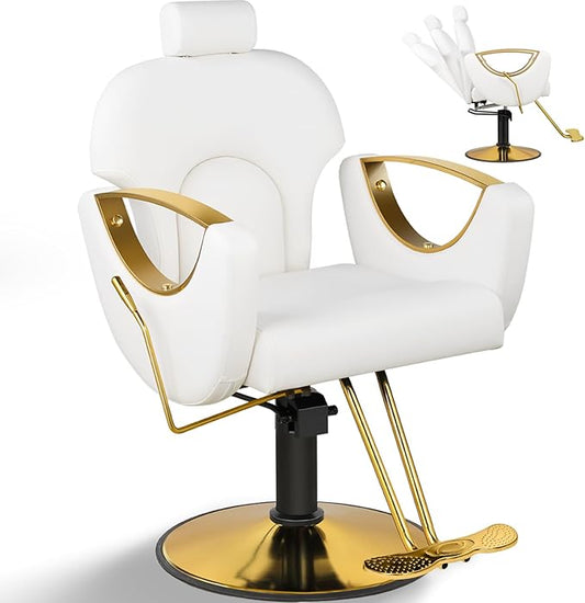 Salon Chair for Hair Stylist, Reclining Hair Salon Chair for Home, Barber Styling Chairs with Heavy Duty Hydraulic Pump, 360 ° Swivel, Multi-Function Beauty Spa Equipment White Gold