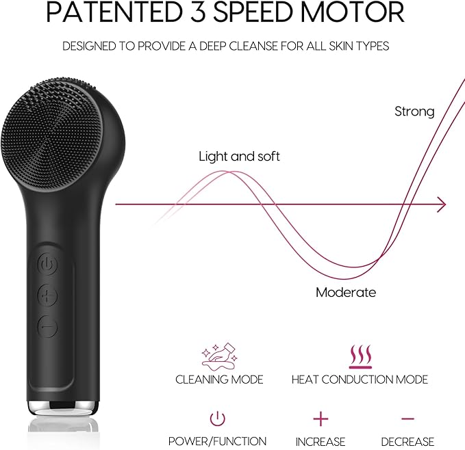 Silicone Facial Cleansing Brush, Portable Electric Face Scrubber with Heat and Vibration, 3 Modes Adjustable, Waterproof IPX6, USB-C Rechargeable, Deep Cleansing, Exfoliating and Massage（Black）
