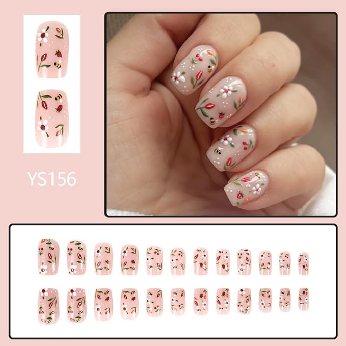 Spring Press on Nails Short Square False Nails with Flower Bee Designs Glossy Pink Fake Nails Full Cover Glue on Nails Floral Acrylic Nails Press ons Reusable Stick on Nails for Women 24Pcs