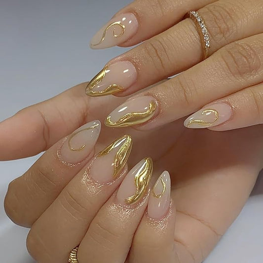 24Pcs 3D Gold Press on Nails Short Almond Fake Nails Irregular Line Design French Tip Acrylic False Nails Glossy Full Cover Chrome Glue on Nails Nude Stick on Nails Stiletto Artificial Nails for Women