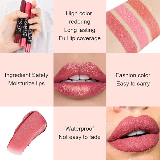evpct 1Pcs Light Pink Metallic Lipstick and Lip Crayon Liner Pencil Pen Set for Women Lip Stain Long Lasting Waterproof labiales mate magicos 24 horas originales pintalabios permanente 24 horas 01