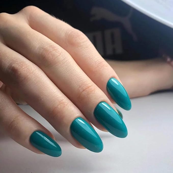 Wooyas Press on Nails Medium, Blue Almond Glossy Handmade Fake Nails Reusable, Fit Perfectly Glue On Nails in 12 Sizes - 24 Pcs Soft Gel Glue On Nails Kit for Women Girls