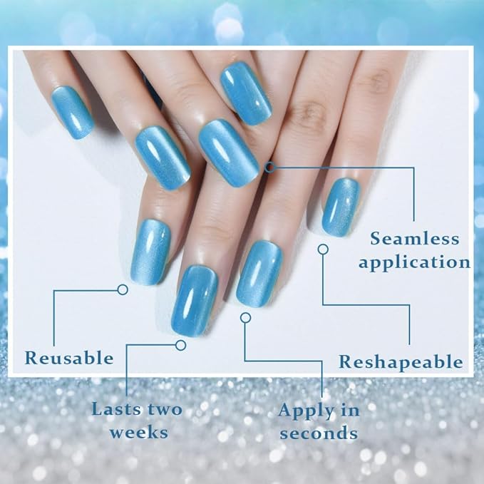 Aqua Blue Cat Eye Press on Nails Medium Square, Medium Square Press Glue on Nails Chrome for Women Gift, Aqua Blue Holographic Glitter Glossy Reusable Gel Acrylic Fake Nail with Designs Cateye Effect