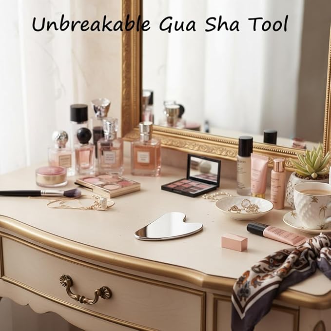 Stainless Steel Gua Sha Facial Tool with Big Size – Lymphatic Drainage Massager, Jawline Sculpting, & Skin Care | Metal Gua Sha Scraper for Eye & Facial Relaxation | Includes Travel Pouch