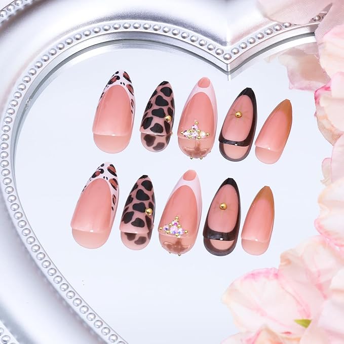 24Pcs French Tip Press on Nails Medium Almond Fake Nails with 3D Rhinestones Designs Fall False Nails Artificial Star Gems Glue on Nail Leopard Print Full Cover French Acrylic Nails for Women