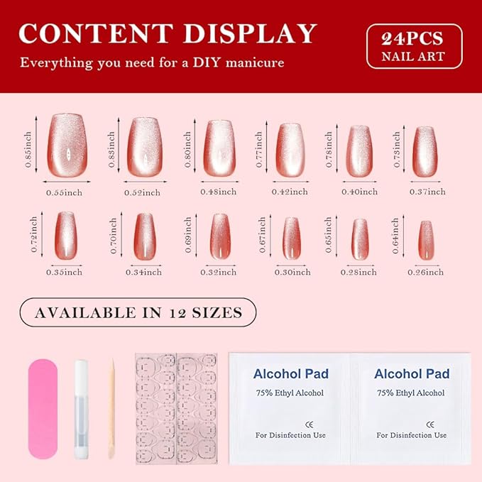 evpct Pink Cat Eye Coffin Press on Nails Square Medium, Medium Square Glue on Nails for Women Gift, Warm Pink Metallic Glitter Glossy Reusable Spring Summer Gel Press on Acrylic Fake Nail with Design