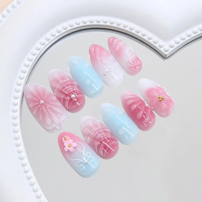 24Pcs Gradient Press On Nails Medium Almond Fake Nails 3D Ripple Bow Pearl Design Pink Flower Stick on Nail Beach Waves False Nails Cute Floral Acrylic Nails French Cute Artificial Nail for Women