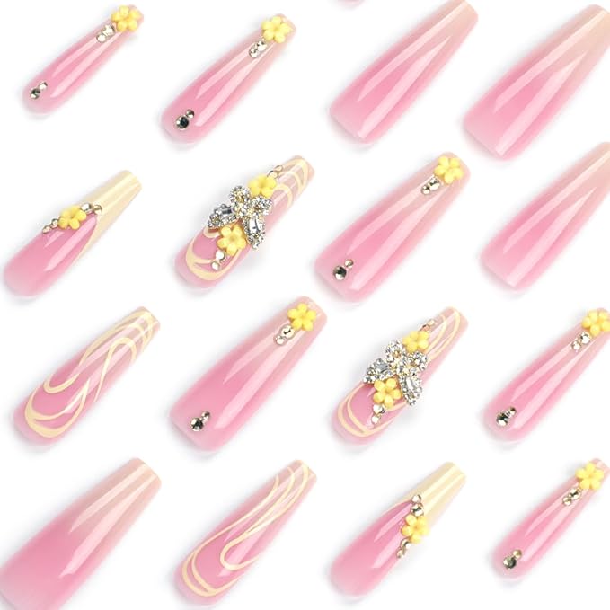 Pink Yellow Gradient Press on Nails Long Coffin Fake Nails 3D Butterfly & Flower Design Full Cover Glossy Glue on Nails for Women 24PCS