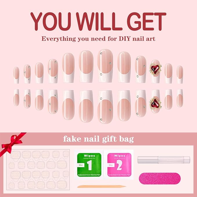 Yivaiks White French Tip Press on Nails Medium Fake Nails With Designs Gem Heart Stick on Nails Full Cover Artificial Nails Press ons Acrylic Nails Kit 24pcs