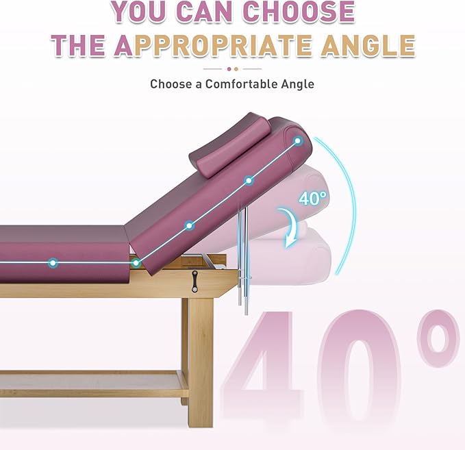 Massage Table 28IN Wide with Hight Adjustable Backrest for Treatment, Rose Red PU Leather Professional Spa Bed Load1500 LBS, Spa Table with Storage for Footmassage Facial CareSpa Tattoo