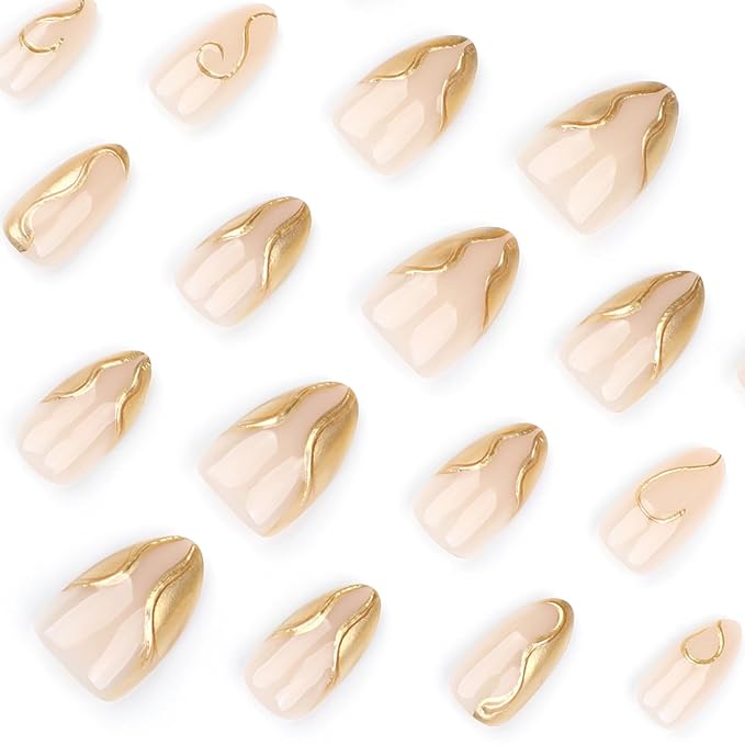 3D Gold Curve Line Press on Nails 24Pcs Irregular Lines Gel Glue on Fingernails Acrylic Full Cover Fake Nails Glossy French Tips Stick on Nail Vine Medium Almond False Nail for Holiday Manicure Art