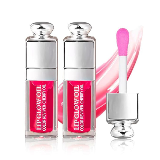 2PCS Hydrating Lip Glow Oil, Lip Oil Gloss Transparent Toot Tinted Nourishing Long Lasting Repairing Lightening Lip Lines (RASPBERRY) 0.2 OZ