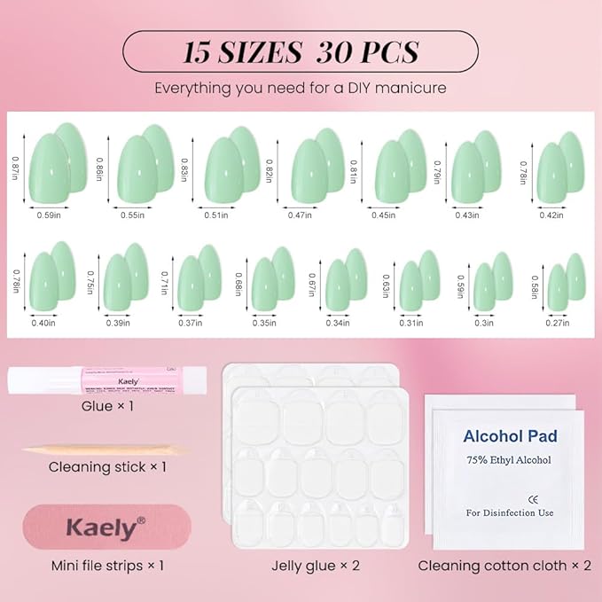 evpct Glossy Press on Nails Short Almond Short for Women, Green Fake Nail with Glue Salon Quality Reusable Stick on Nails In 15 Sizes 30Pcs Full Cover False Nail Soft Gel Set Kit for Gift, 16