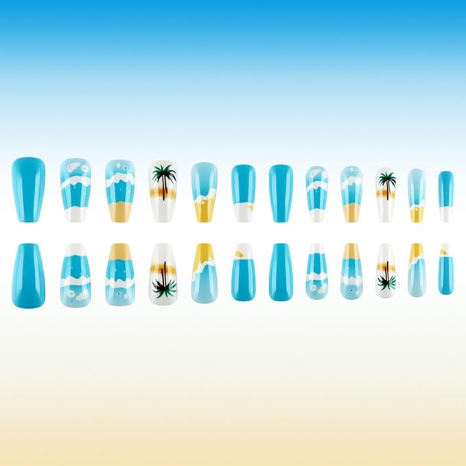 Summer Press on Nails Medium Square Fake Nails with Designs Sea wave Ocean False Nails Blue Glossy Full Cover Acrylic Nails Coconut Tree Glue on Nails Artificial Stick on Nails for Women 24 Pcs