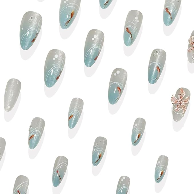 IMRAIN Almond Press on Nails Medium Fake Nails with Cat's Eye Designs Blue Gradient Acrylic Nails Press on Full Cover Glossy Glue on Nails Summer 3D Flower Artificial False Nails 24Pcs