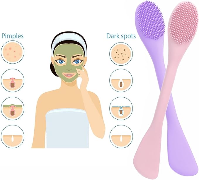 2 in 1 Facial Cleansing Brush&Silicone Face Mask Applicator, 2PCS Face Mask Brush Face Scrubber for Exfoliating, Massaging, Remove Blackheads, Applicator for Mud, Body Lotion, DIY Mask, Pink & Purple