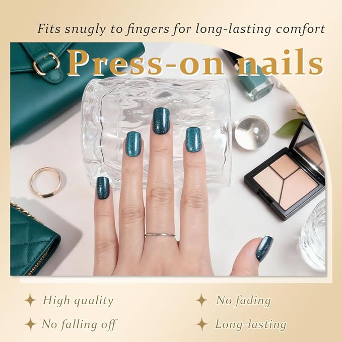 evpct Peacock Blue Cat Eye Press on Nails Short Square, Short Square Stick Glue on Nail for Women Gift, Sapphire Blue Metallic Glitter Reusable Gel Press on Acrylic Fake Nail with Cat Eye Designs