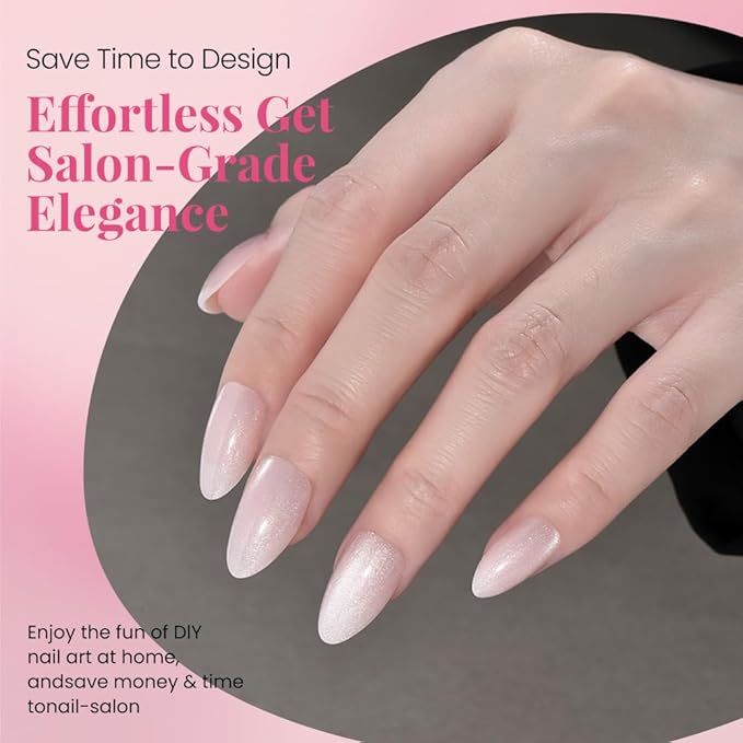 evpct Cat Eye Press on Nails Almond Short, Cat Eye Stick on Nails Press on, Nude Pink Glitter Short Almond Press Glue on Nails, Fake Nails Press ons with glue, 30Pcs Reusable Acrylic Fake Nails Kit