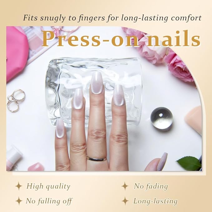 evpct Pearl White Nude Cat Eye Coffin Press on Nails Square Medium, Glue on Nail Medium Square for Women Gift, Pearl Metallic Glitter Glossy Reusable Soft Gel Press on Acrylic Fake Nail with Designs