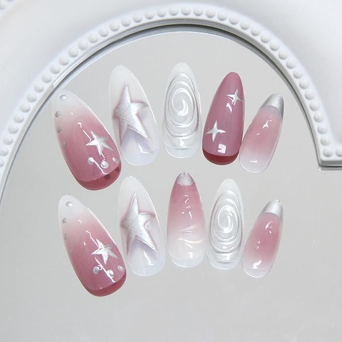 24Pcs Pink Press on Nails Medium Almond Fake Nails with Irregular Silver Star Designs Stick on Nails French Tip Nails Reusable Acrylic Nails Full Cover Artificial Glue on Nails for Women Nail Supplies