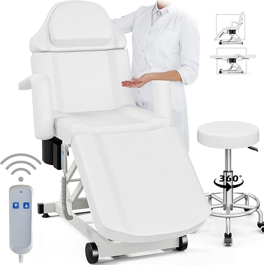 Icoget Electric Tattoo Chairs, Esthetician Facial Bed and Stool, Spa Massage Table for Beauty Microblading, Wax, Lash Chair for Eyelash, White