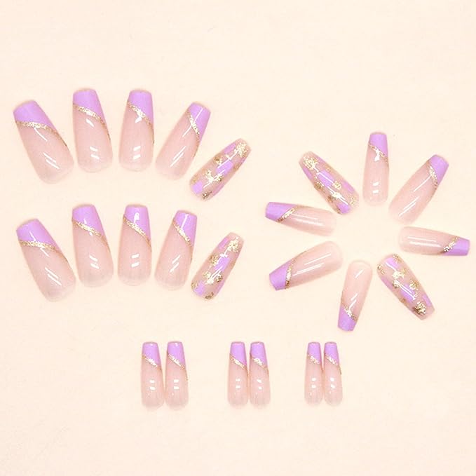 Acrylic Press on Nails Coffin Medium Purple French Tip Fake Nails Press ons Golden Glitter Lines Glue on Nails Glossy Stick on Nails Artificial False Nails for Girls 24Pcs